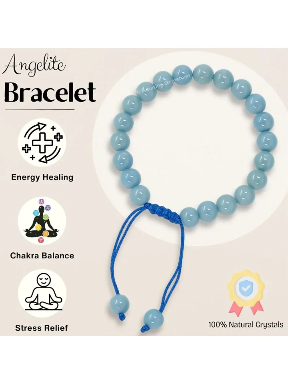 Angelite Healing Crystal Bracelet - 8mm Beaded Adjustable Gemstone Jewelry Gift